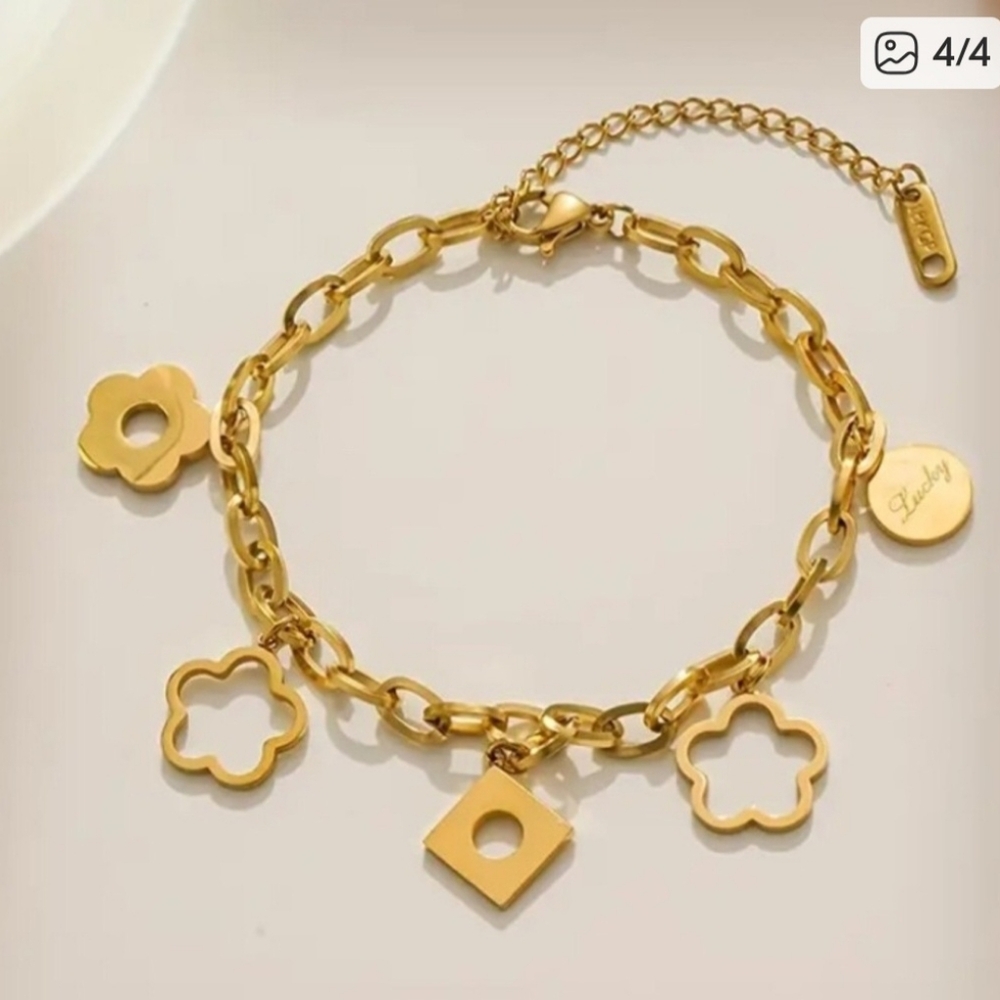 Lucky Trendy 18K Gold Plated Bracelet w/ Daisy Clover Leaf Inspired, Engraved - Picture 3 of 4